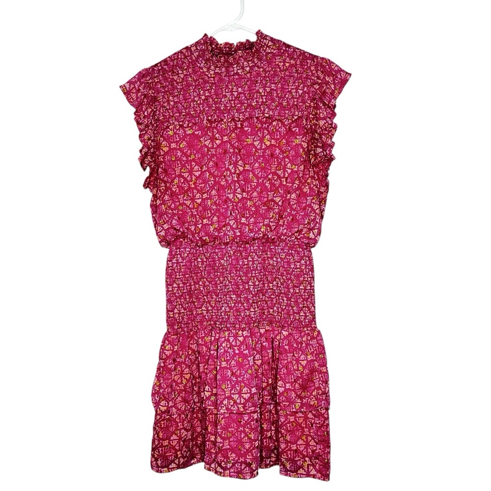 AQUA Pink/Gold Metallic Print Flutter Sleeve Flounced Smocked Mini Dress Size XL